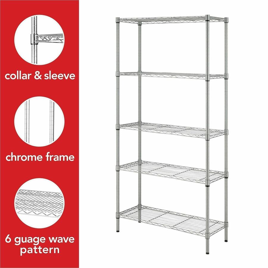Lorell Light-Duty Wire Shelving - 5 Tier(s) - 72" Height x 36" Width x 14" DepthFloor - Epoxy - Silver - Plastic, Metal, Steel - 1 Each