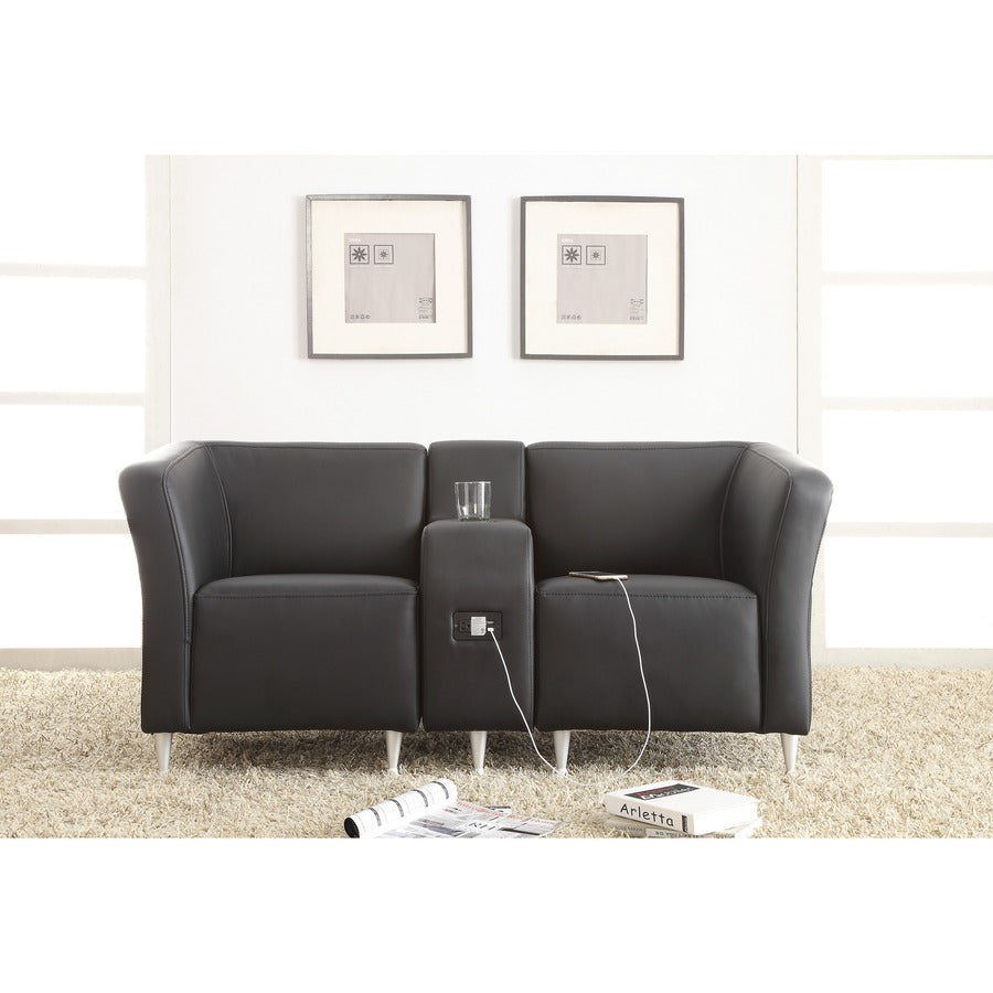 Lorell Fuze Modular Series Left Lounge Chair - Black Leather Seat - Black Leather Back - Brushed Aluminum Frame - High Back - 1 Each