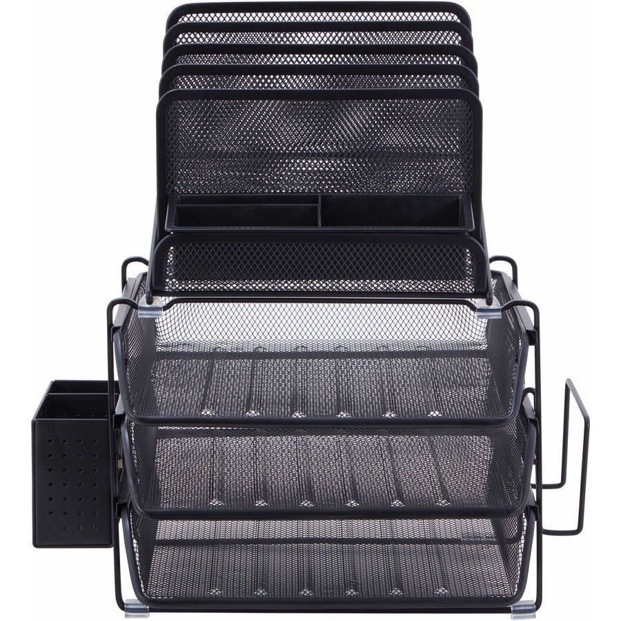 Lorell Divided 4-tier Desktop Organizer - 4 Tier(s) - 15.8" Height x 12.9" Width x 14.4" DepthDesktop - Black - Plastic, Mesh - 1 Each