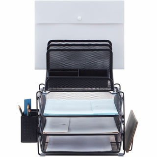 Lorell Divided 4-tier Desktop Organizer - 4 Tier(s) - 15.8" Height x 12.9" Width x 14.4" DepthDesktop - Black - Plastic, Mesh - 1 Each