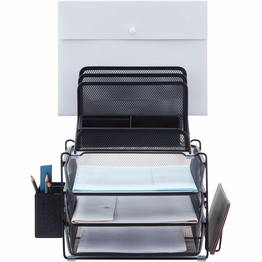 Lorell Divided 4-tier Desktop Organizer - 4 Tier(s) - 15.8" Height x 12.9" Width x 14.4" DepthDesktop - Black - Plastic, Mesh - 1 Each