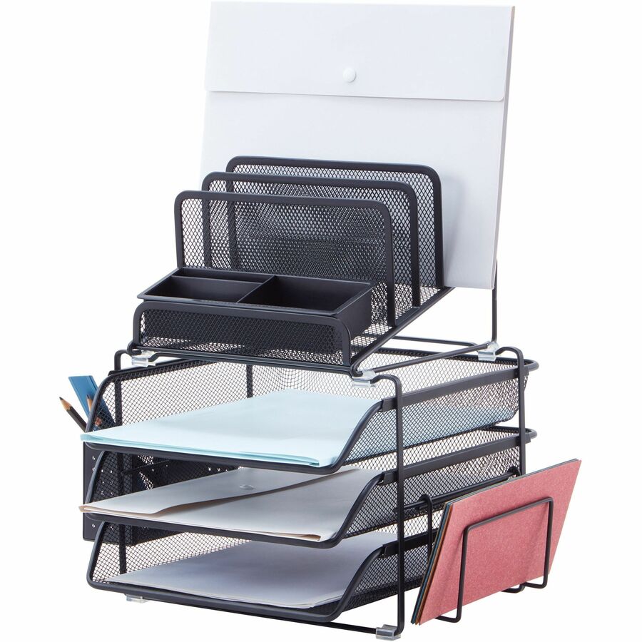 Lorell Divided 4-tier Desktop Organizer - 4 Tier(s) - 15.8" Height x 12.9" Width x 14.4" DepthDesktop - Black - Plastic, Mesh - 1 Each
