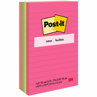Post-it Notes Original Notepads - Poptimistic Color Collection - 4" x 6" - Rectangle - 100 Sheets per Pad - Ruled - Power Pink, Neon Green, Aqua, Neon Orange, Guava Pink - Self-adhesive, Self-stick - 5 / Pack