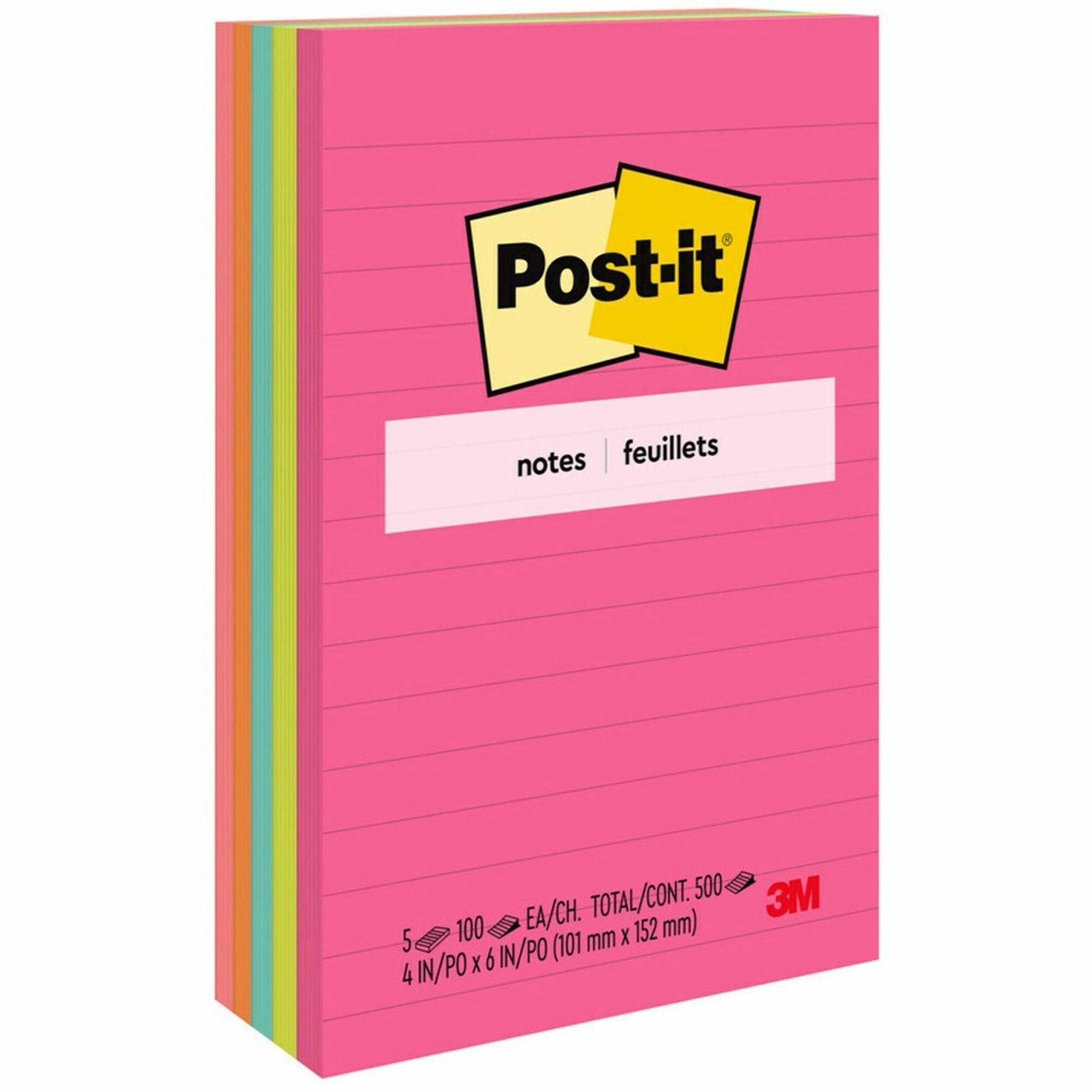 Post-it Notes Original Notepads - Poptimistic Color Collection - 4" x 6" - Rectangle - 100 Sheets per Pad - Ruled - Power Pink, Neon Green, Aqua, Neon Orange, Guava Pink - Self-adhesive, Self-stick - 5 / Pack