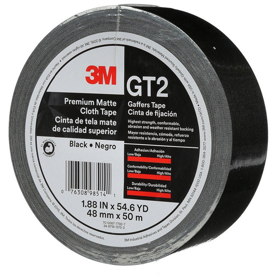 3M Gaffers Cloth Tape - 54.60 yd Length x 1.90" Width - 11 mil Thickness - Vinyl - 1 / Roll - Black