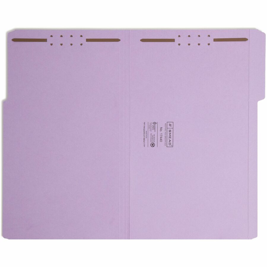 Smead 1/3 Tab Cut Legal Recycled Fastener Folder - 8 1/2" x 14" - 2 Fastener(s) - Top Tab Location - Assorted Position Tab Position - Lavender - 10% Recycled - 50 / Box