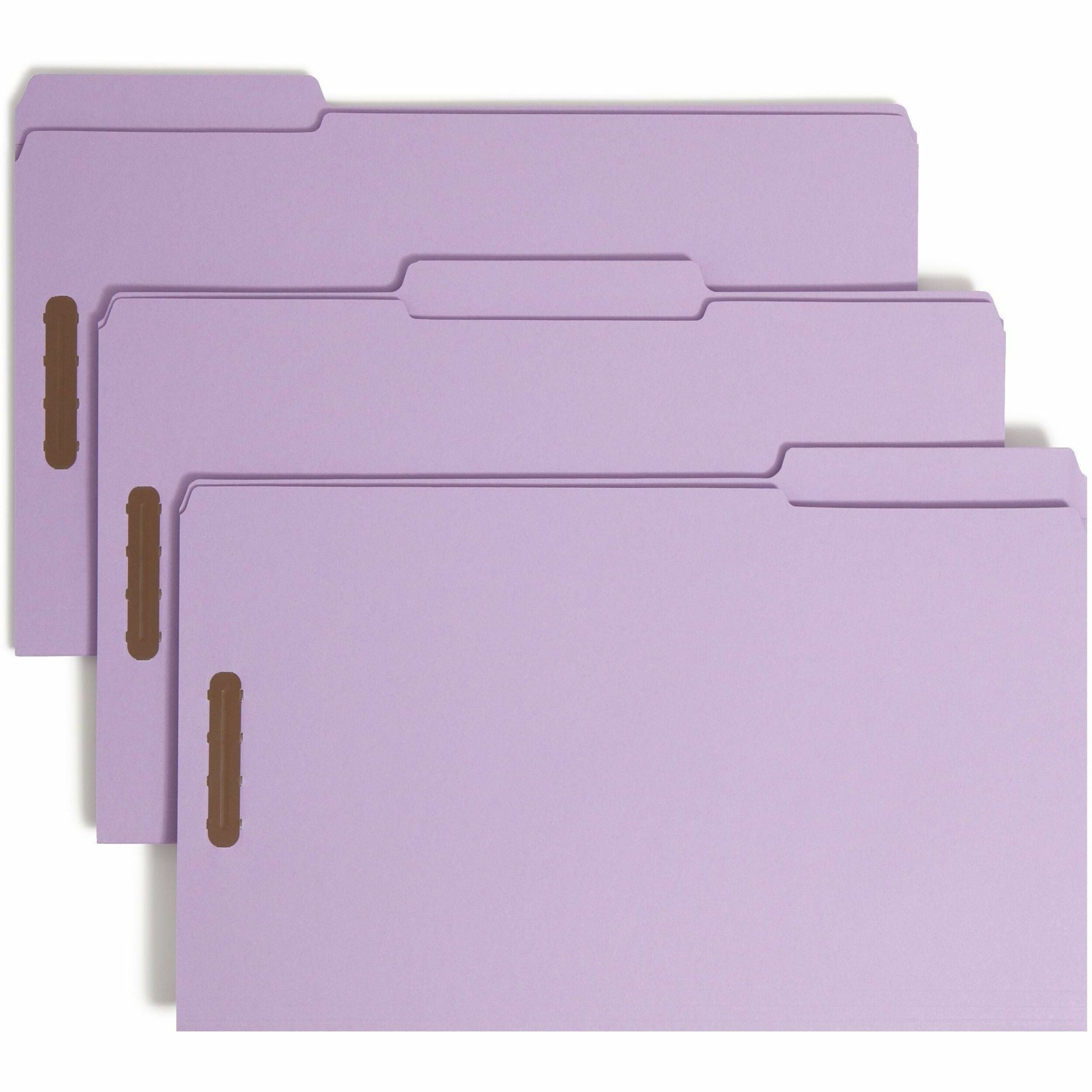 Smead 1/3 Tab Cut Legal Recycled Fastener Folder - 8 1/2" x 14" - 2 Fastener(s) - Top Tab Location - Assorted Position Tab Position - Lavender - 10% Recycled - 50 / Box