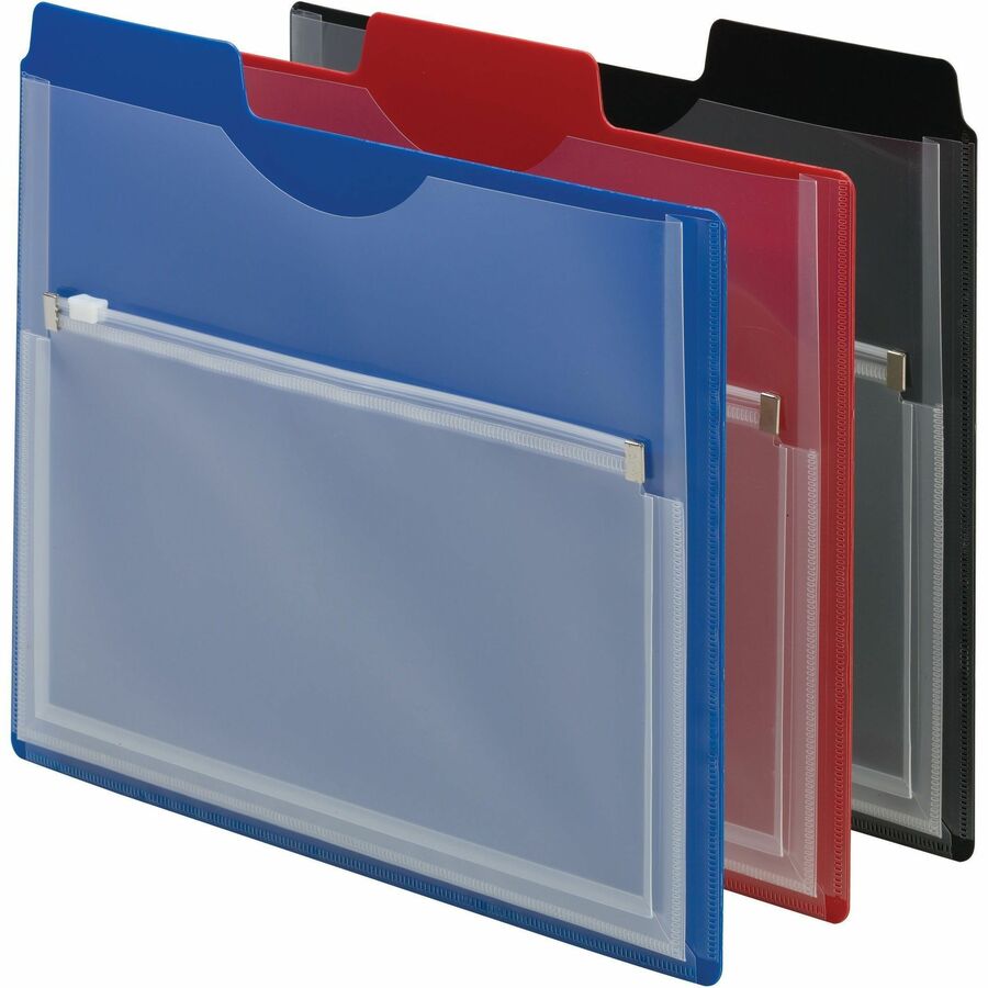 Poly Project Organizer with Zip Pouch, 2-Sections, 1/3-Cut Tab, Letter Size, Assorted Colors, 3/Pack