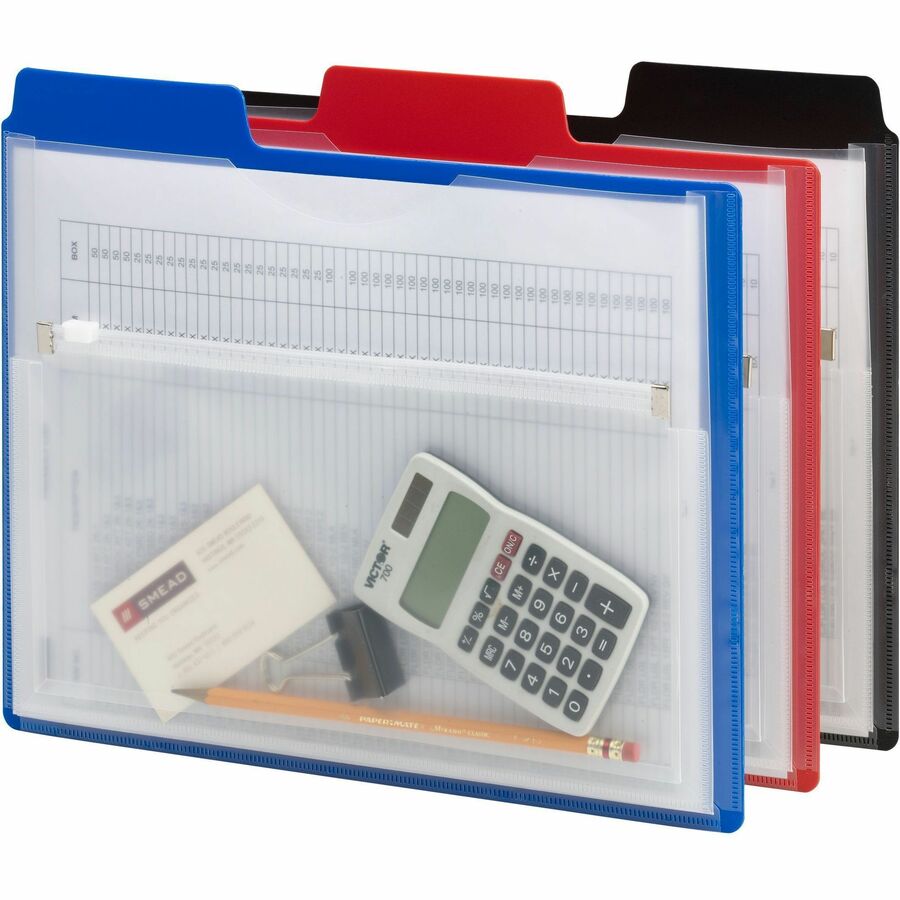 Poly Project Organizer with Zip Pouch, 2-Sections, 1/3-Cut Tab, Letter Size, Assorted Colors, 3/Pack