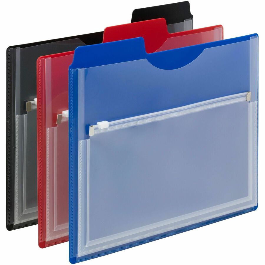 Poly Project Organizer with Zip Pouch, 2-Sections, 1/3-Cut Tab, Letter Size, Assorted Colors, 3/Pack
