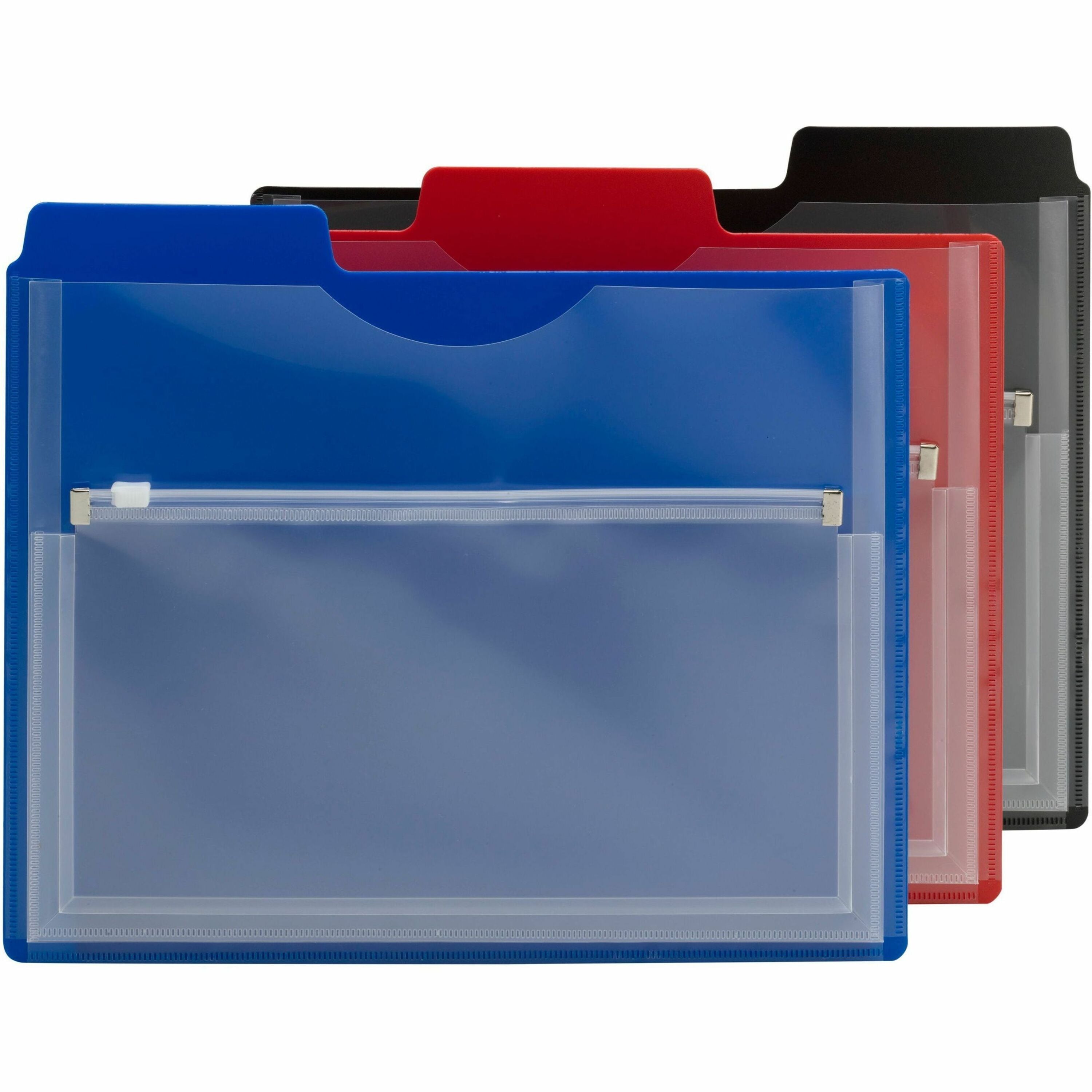 Poly Project Organizer with Zip Pouch, 2-Sections, 1/3-Cut Tab, Letter Size, Assorted Colors, 3/Pack