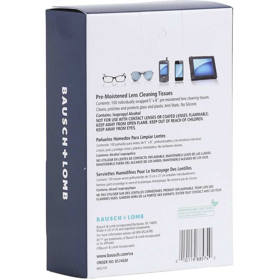 Bausch + Lomb Sight Savers Lens Cleaning Tissues - For Eyeglasses, Monitor, Camera Lens, Binocular - Anti-fog, Anti-static, Pre-moistened, Silicone-free, Individually WrappedBox - 200 / Bundle - Multi