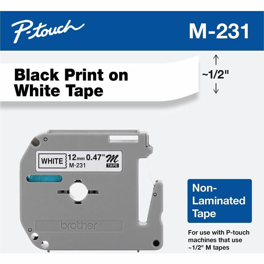Brother P-touch Nonlaminated M Series Tape Cartridge - 1/2" Width - Direct Thermal - White - 4 / Bundle - Non-laminated, Self-adhesive