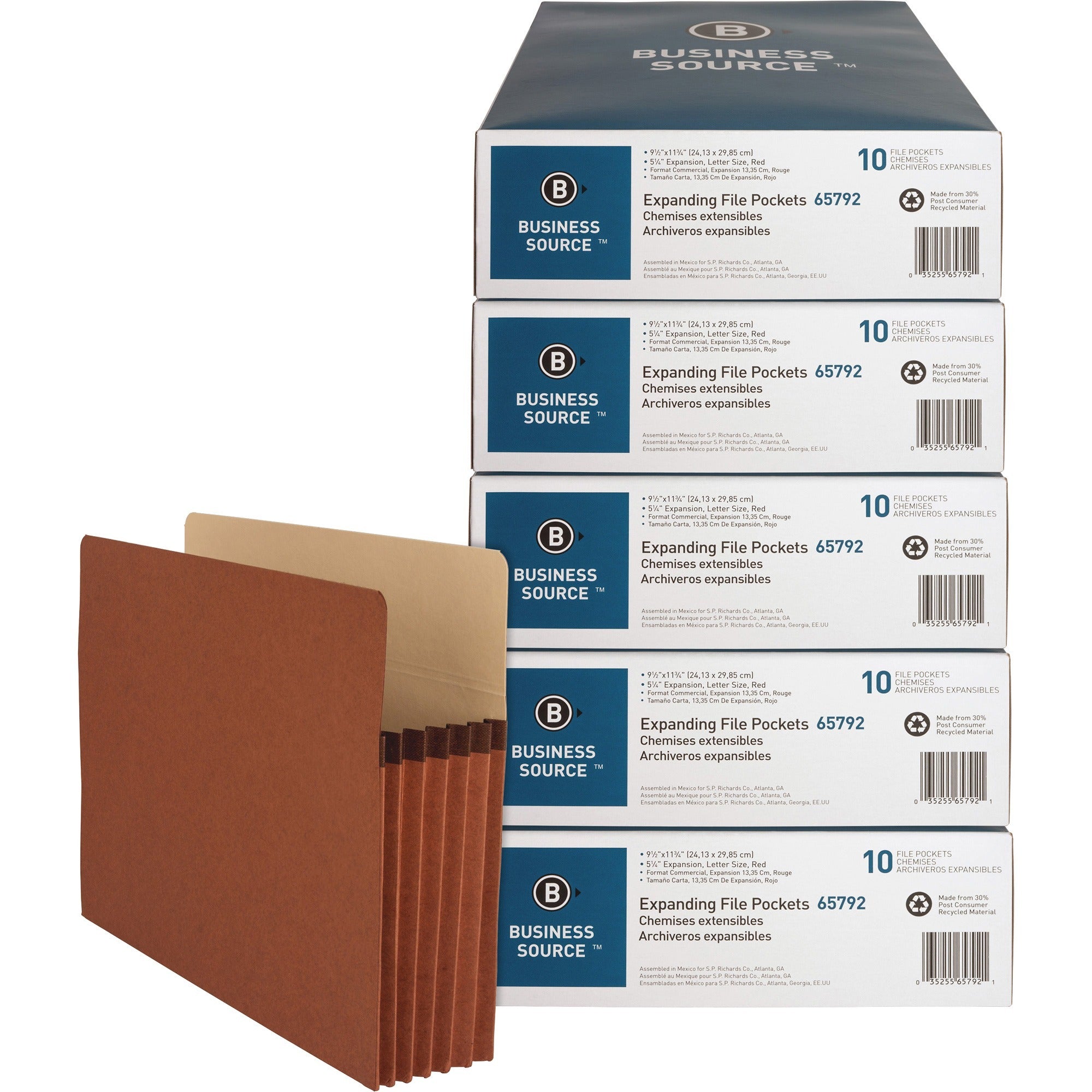 business-source-letter-recycled-file-pocket-8-1-2-x-11-1200-sheet-capacity-5-1-4-expansion-redrope-30%-recycled-50-carton_bsn65792ct - 1