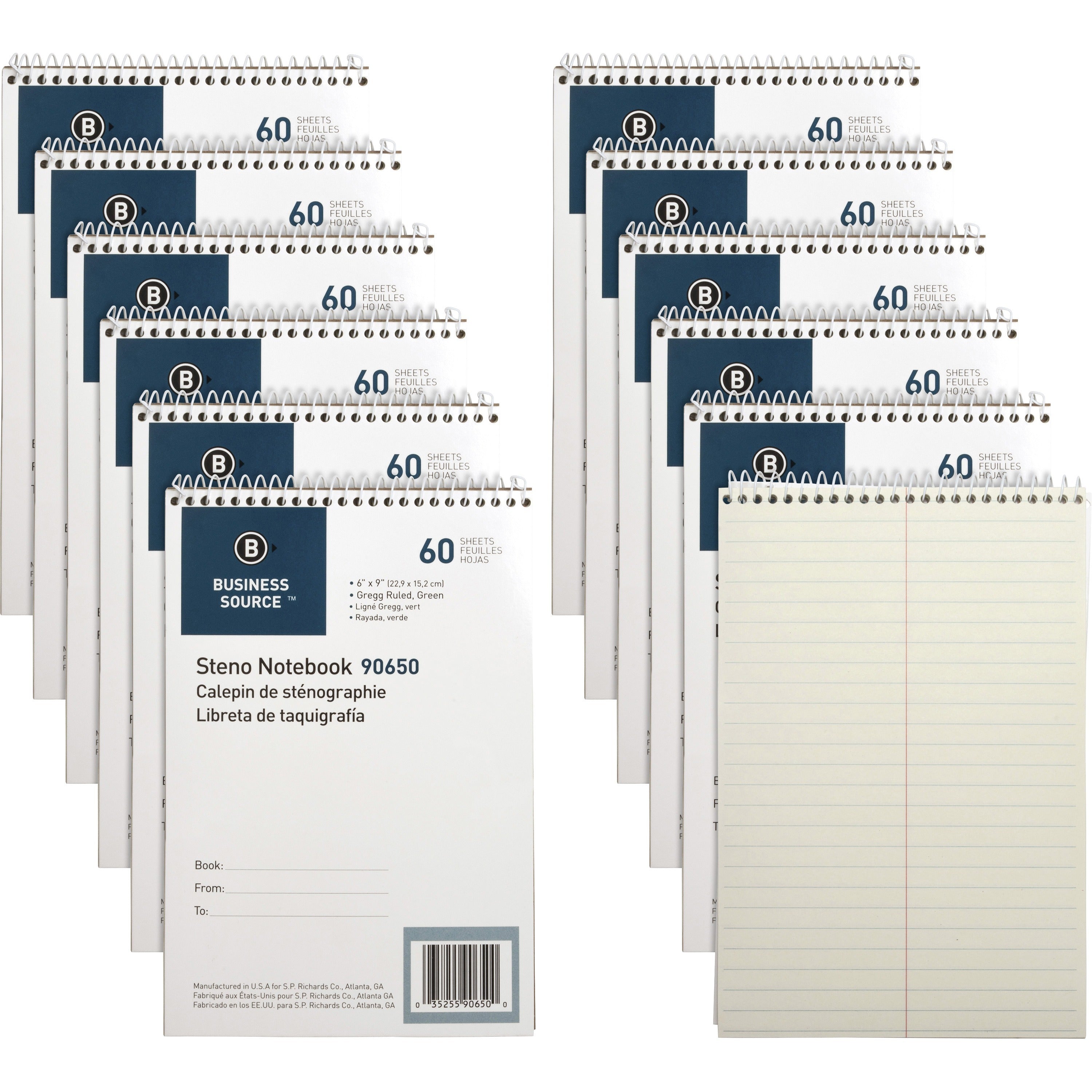 business-source-steno-notebooks-60-sheets-coilock-gregg-ruled-6-x-9-green-tint-paper-stiff-back-sturdy-12-pack_bsn90650pk - 1