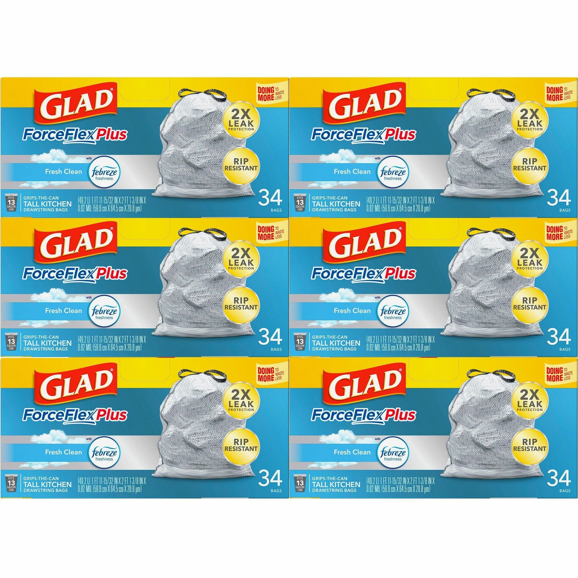 Glad ForceFlexPlus Tall Kitchen Drawstring Trash Bags - Fresh Clean with Febreze Freshness - 13 gal Capacity - 24.02" Width x 24.88" Length - 0.82 mil (21 Micron) Thickness - Drawstring Closure - Gray - 6/Carton - 34 Per Box - Kitchen - 1