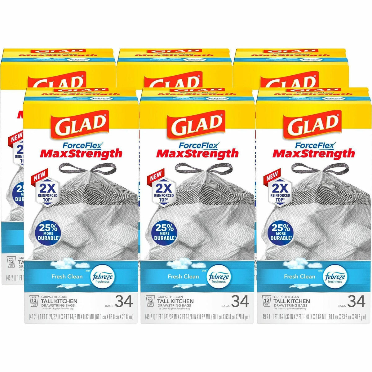 Glad ForceFlexPlus Tall Kitchen Drawstring Trash Bags - Fresh Clean with Febreze Freshness - 13 gal Capacity - 24.02" Width x 24.88" Length - 0.82 mil (21 Micron) Thickness - Drawstring Closure - Gray - 6/Carton - 34 Per Box - Kitchen