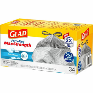 Glad ForceFlexPlus Tall Kitchen Drawstring Trash Bags - Fresh Clean with Febreze Freshness - 13 gal Capacity - 24.02" Width x 24.88" Length - 0.82 mil (21 Micron) Thickness - Drawstring Closure - Gray - 6/Carton - 34 Per Box - Kitchen