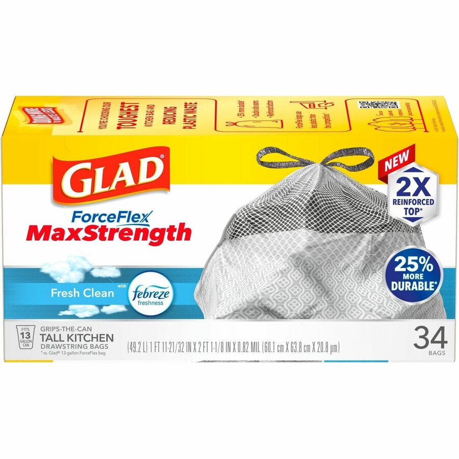 Glad ForceFlexPlus Tall Kitchen Drawstring Trash Bags - Fresh Clean with Febreze Freshness - 13 gal Capacity - 24.02" Width x 24.88" Length - 0.82 mil (21 Micron) Thickness - Drawstring Closure - Gray - 6/Carton - 34 Per Box - Kitchen
