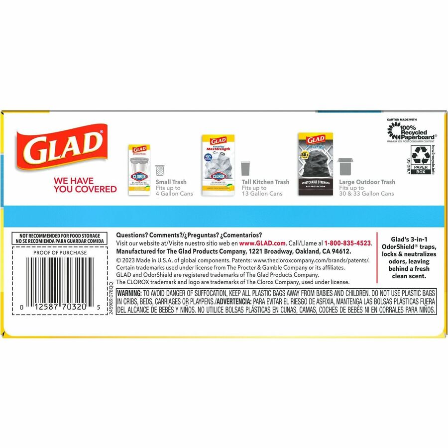 Glad ForceFlexPlus Tall Kitchen Drawstring Trash Bags - Fresh Clean with Febreze Freshness - 13 gal Capacity - 24.02" Width x 24.88" Length - 0.82 mil (21 Micron) Thickness - Drawstring Closure - Gray - 6/Carton - 34 Per Box - Kitchen