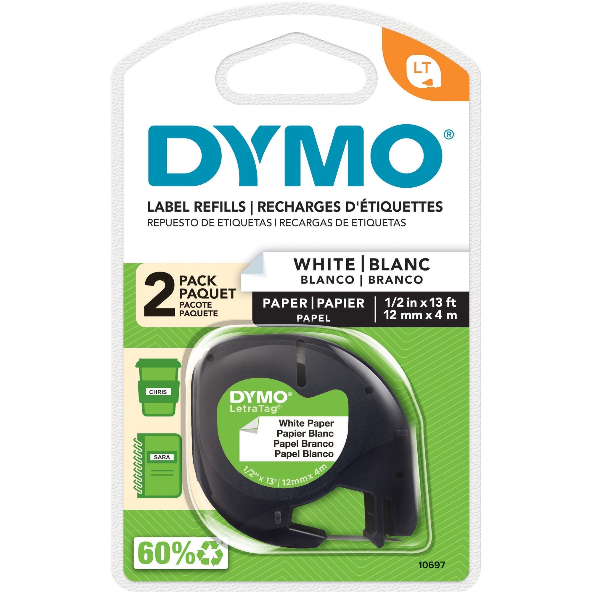 Dymo LetraTag Electronic Labelmaker Tape - 1/2" Width - Direct Thermal - White - Paper - 6 / Box - Easy Peel