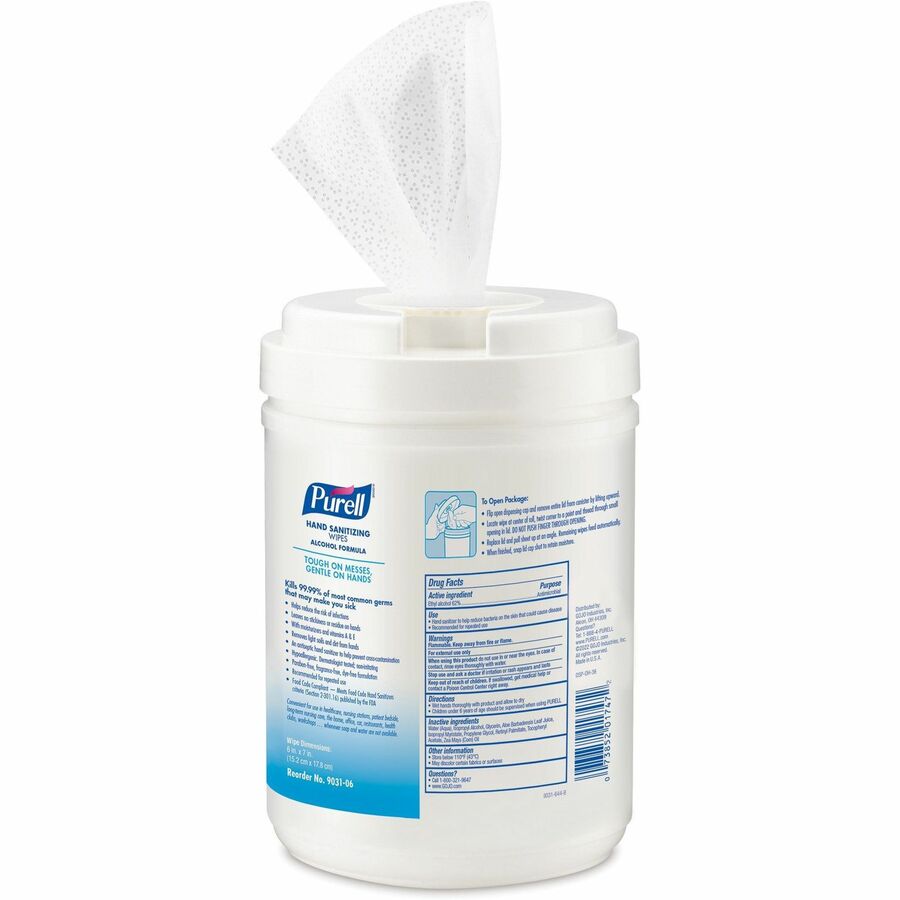 PURELL Alcohol Hand Sanitizing Wipes - 6" x 7" - White - Residue-free, Dye-free, Fragrance-free, Non-sticky, Non-irritating, Non-irritating, Hypoallergenic, Durable, Pre-moistened, Lint-free, Textured - For Hand - 175 Per Canister - 6 / Carton