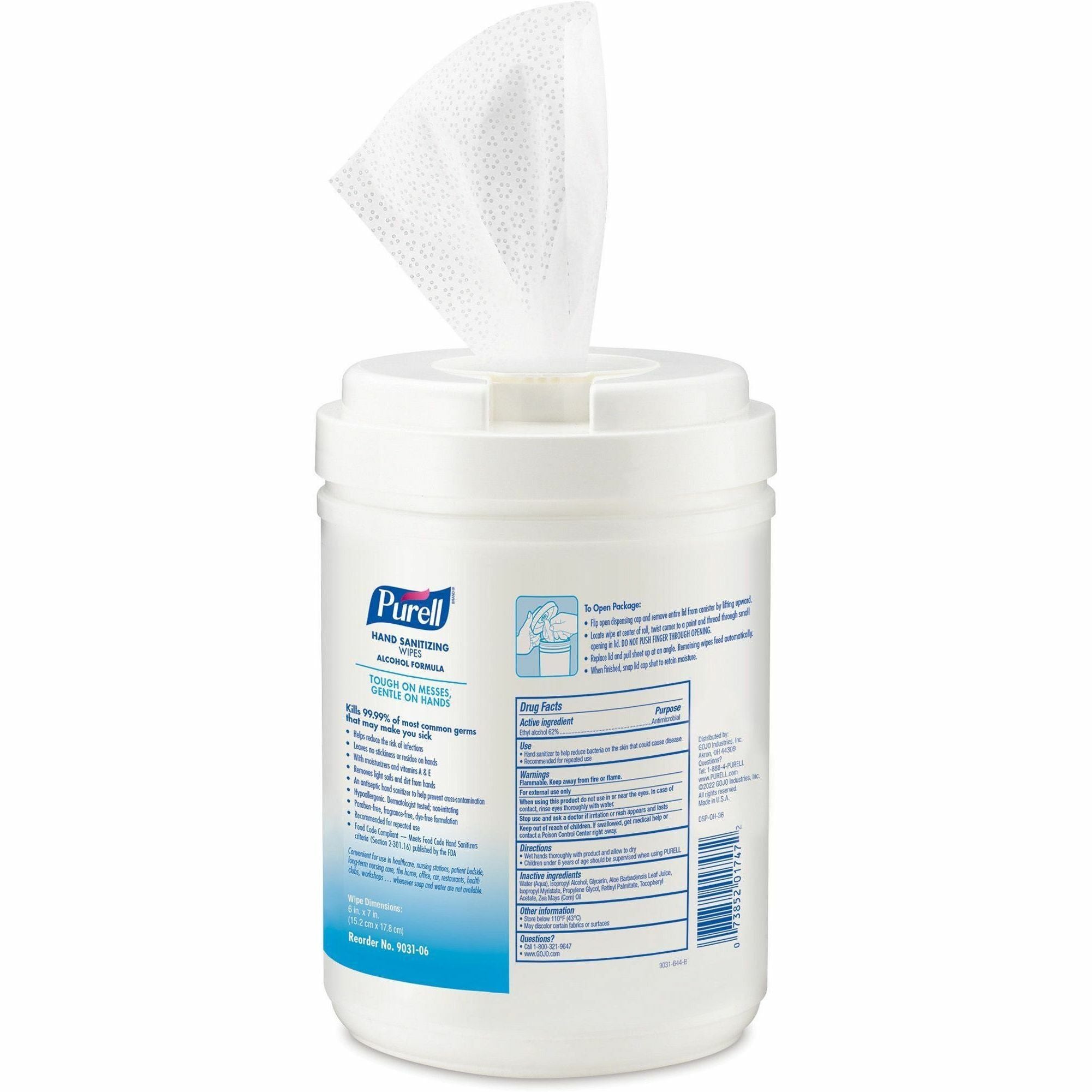 purell-alcohol-hand-sanitizing-wipes-6-x-7-white-residue-free-dye-free-fragrance-free-non-sticky-non-irritating-non-irritating-hypoallergenic-durable-pre-moistened-lint-free-textured-for-hand-175-per-canister-6-carton_goj903106ct - 2