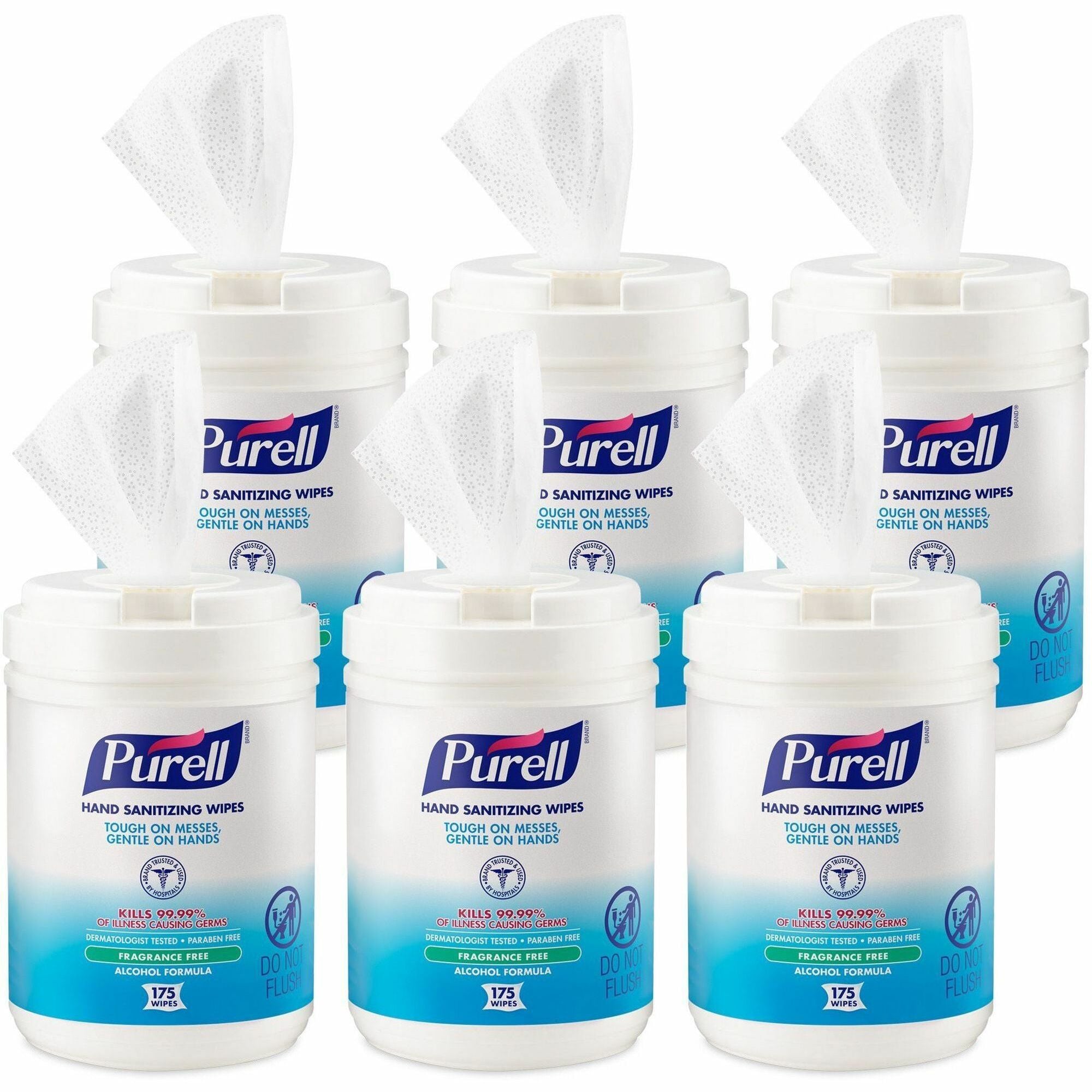 PURELL Alcohol Hand Sanitizing Wipes - 6" x 7" - White - Residue-free, Dye-free, Fragrance-free, Non-sticky, Non-irritating, Non-irritating, Hypoallergenic, Durable, Pre-moistened, Lint-free, Textured - For Hand - 175 Per Canister - 6 / Carton