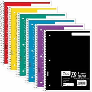 Mead Wide Ruled 1-Subject Notebooks - 70 Sheets - Spiral - Wide Ruled - 8" x 10 1/2" - White Paper - Assorted Cover - Hole-punched, Micro Perforated - 6 / Bundle