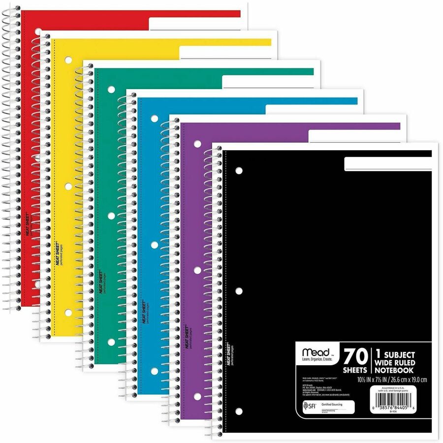 Mead Wide Ruled 1-Subject Notebooks - 70 Sheets - Spiral - Wide Ruled - 8" x 10 1/2" - White Paper - Assorted Cover - Hole-punched, Micro Perforated - 6 / Bundle