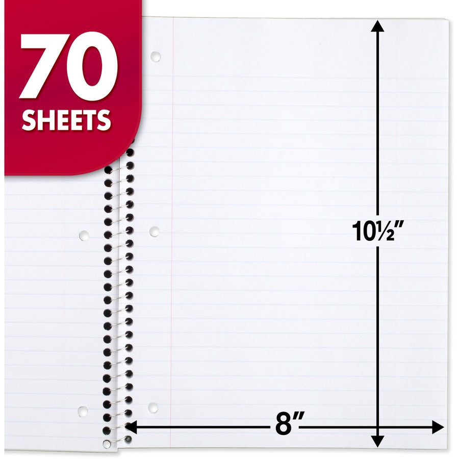 Mead Wide Ruled 1-Subject Notebooks - 70 Sheets - Spiral - Wide Ruled - 8" x 10 1/2" - White Paper - Assorted Cover - Hole-punched, Micro Perforated - 6 / Bundle