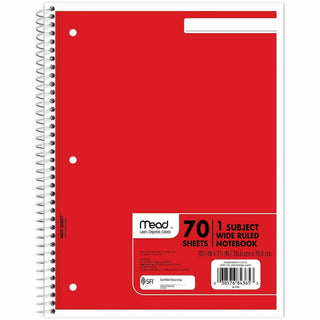 Mead Wide Ruled 1-Subject Notebooks - 70 Sheets - Spiral - Wide Ruled - 8" x 10 1/2" - White Paper - Assorted Cover - Hole-punched, Micro Perforated - 6 / Bundle