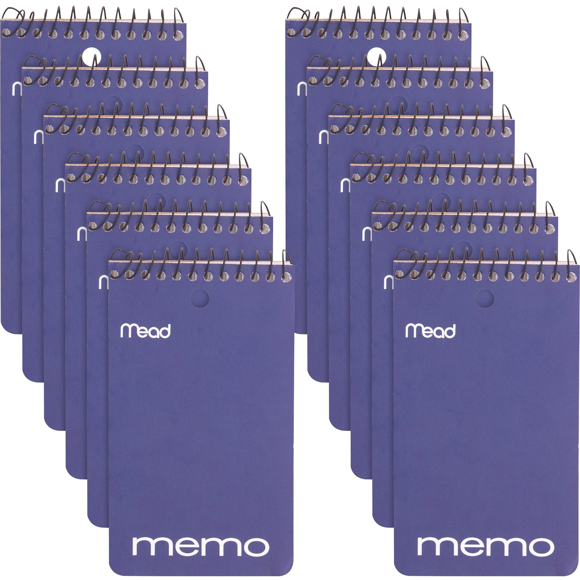 mead-wirebound-memo-book-60-sheets-120-pages-wire-bound-college-ruled-3-x-5-white-paper-assortedcardboard-cover-stiff-back-hole-punched-12-pack_mea45354pk - 1