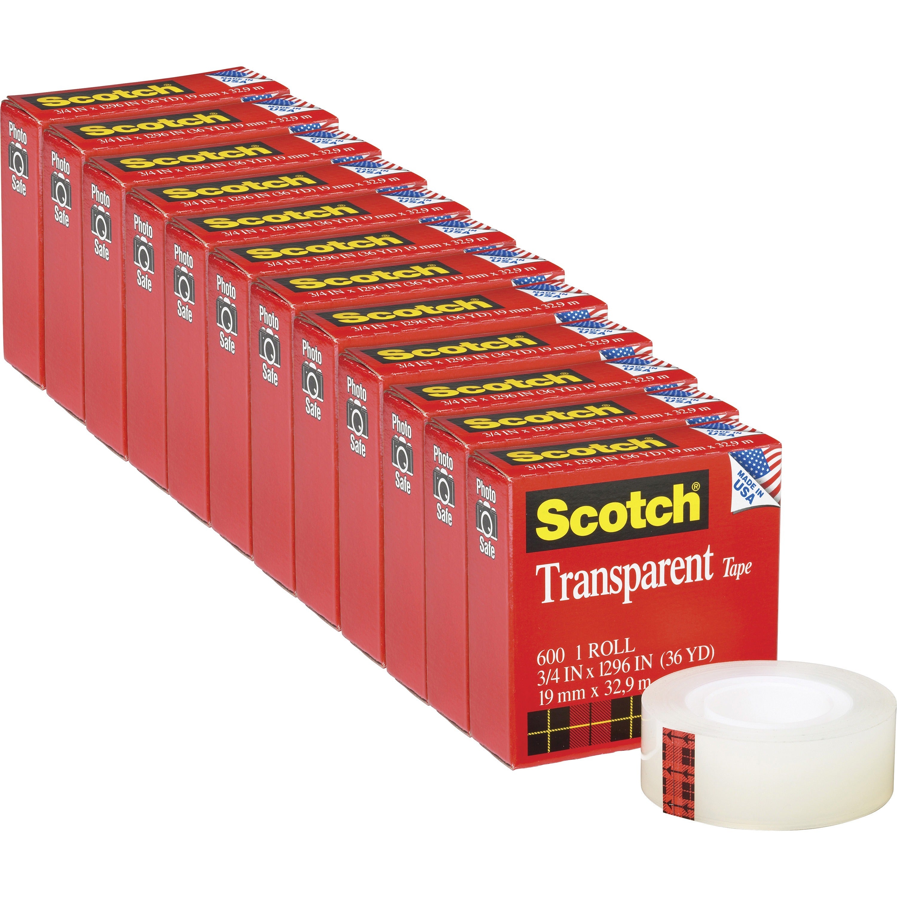 Scotch Transparent Tape - 3/4"W - 36 yd Length x 0.75" Width - 1" Core - Stain Resistant, Moisture Resistant, Long Lasting - For Multipurpose, Mending, Packing, Label Protection, Wrapping - 12 / Pack - Clear - 1