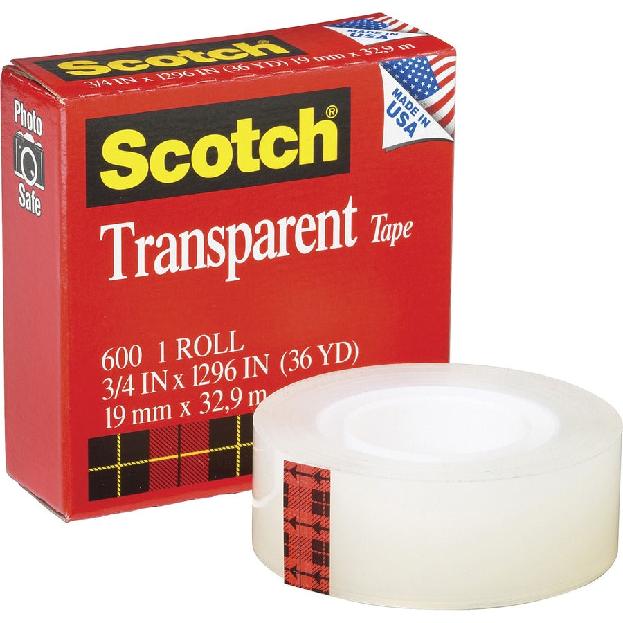 Scotch Transparent Tape - 3/4"W - 36 yd Length x 0.75" Width - 1" Core - Stain Resistant, Moisture Resistant, Long Lasting - For Multipurpose, Mending, Packing, Label Protection, Wrapping - 12 / Pack - Clear - 2