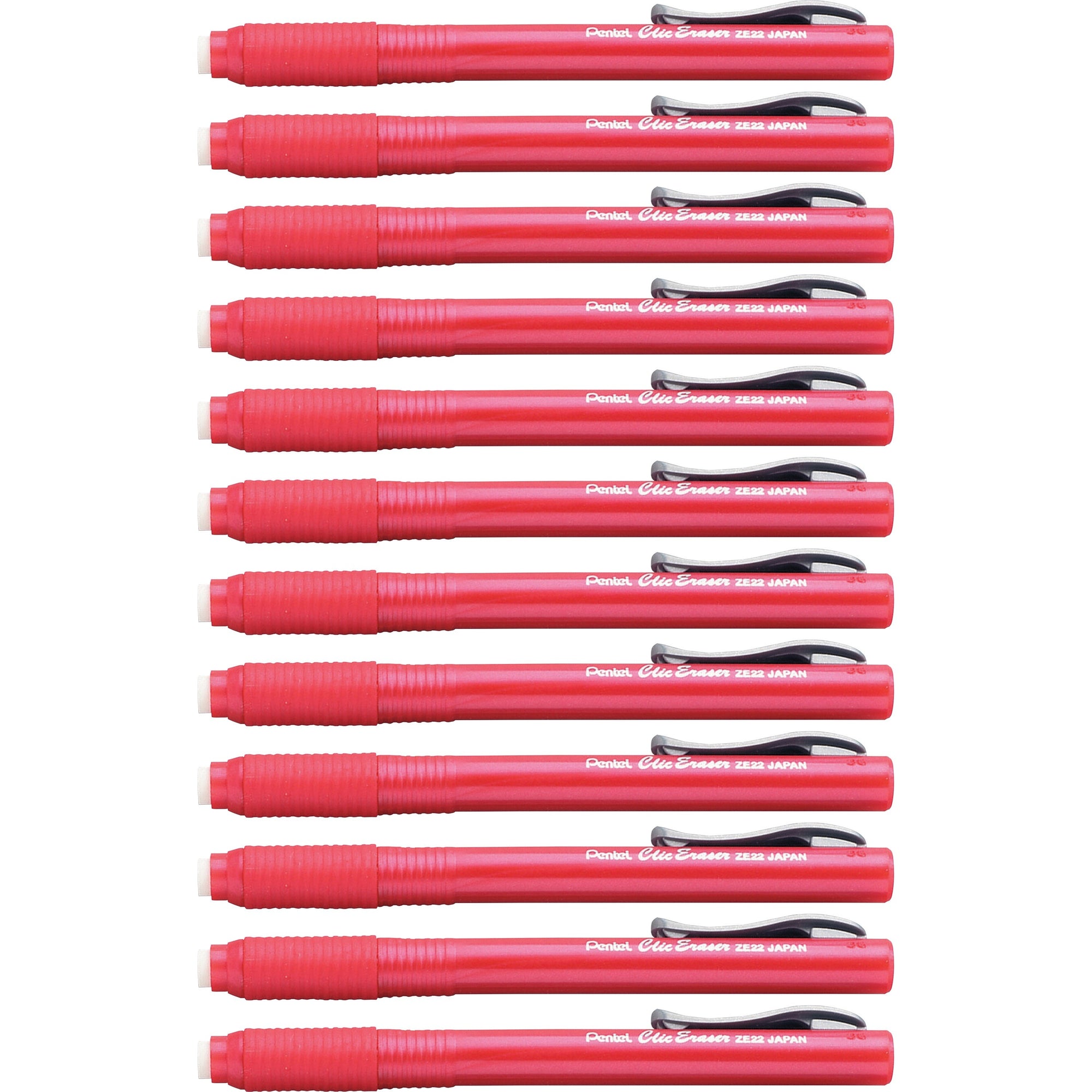 Pentel Rubber Grip Clic Eraser - Red - Pen - Refillable - 12 / Box - Retractable, Latex-free Grip, Pocket Clip, Ghost Resistant, Non-abrasive