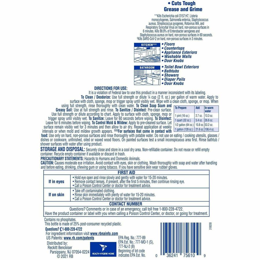 Lysol Clean/Fresh Lemon Cleaner - For Multi Surface - 144 fl oz (4.5 quart) - Clean & Fresh Lemon Scent - 4 / Carton - Disinfectant, Long Lasting, Antibacterial - Yellow
