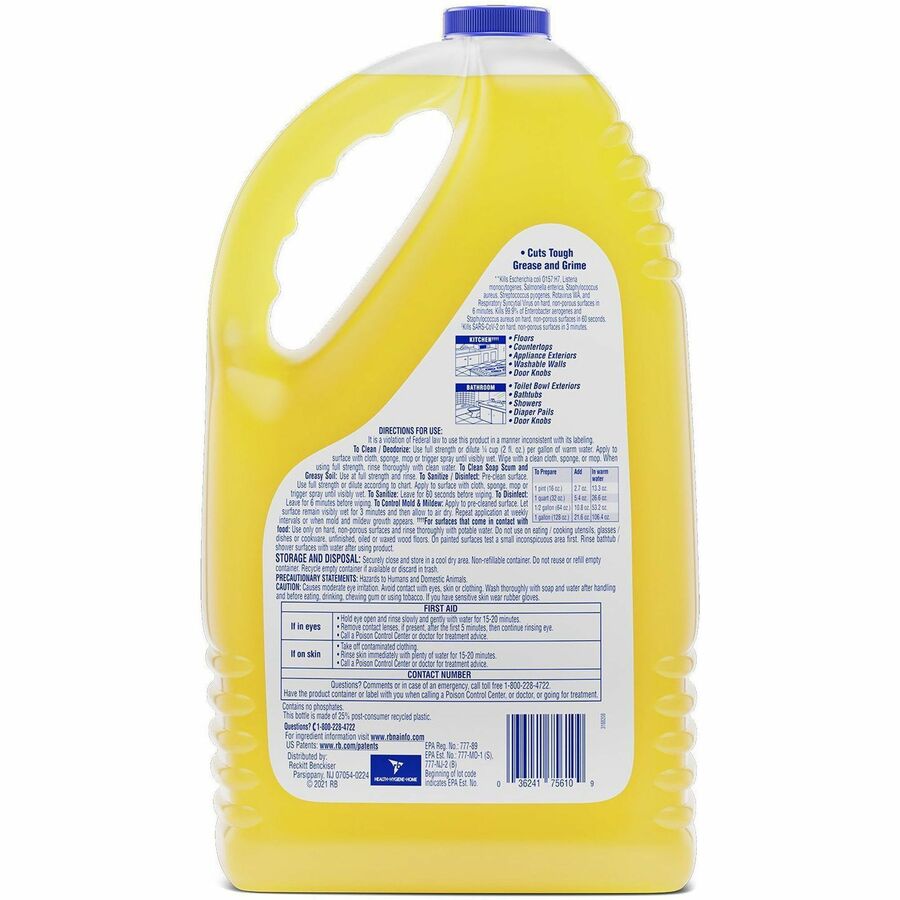 Lysol Clean/Fresh Lemon Cleaner - For Multi Surface - 144 fl oz (4.5 quart) - Clean & Fresh Lemon Scent - 4 / Carton - Disinfectant, Long Lasting, Antibacterial - Yellow