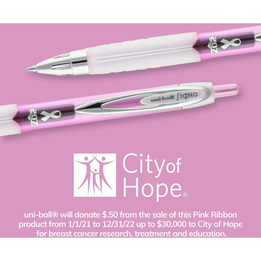 uniball 207 Pink Ribbon Gel Pens - 0.7 mm Pen Point Size - Refillable - Retractable - Black Gel-based Ink - Pink, Black Barrel - 12 / Box