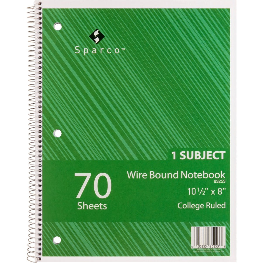 Sparco Wirebound Notebooks - 70 Sheets - Wire Bound - College Ruled - Unruled Margin - 16 lb Basis Weight - 8" x 10 1/2" - AssortedChipboard Cover - Subject, Stiff-cover, Stiff-back, Perforated, Hole-punched - 5 / Bundle