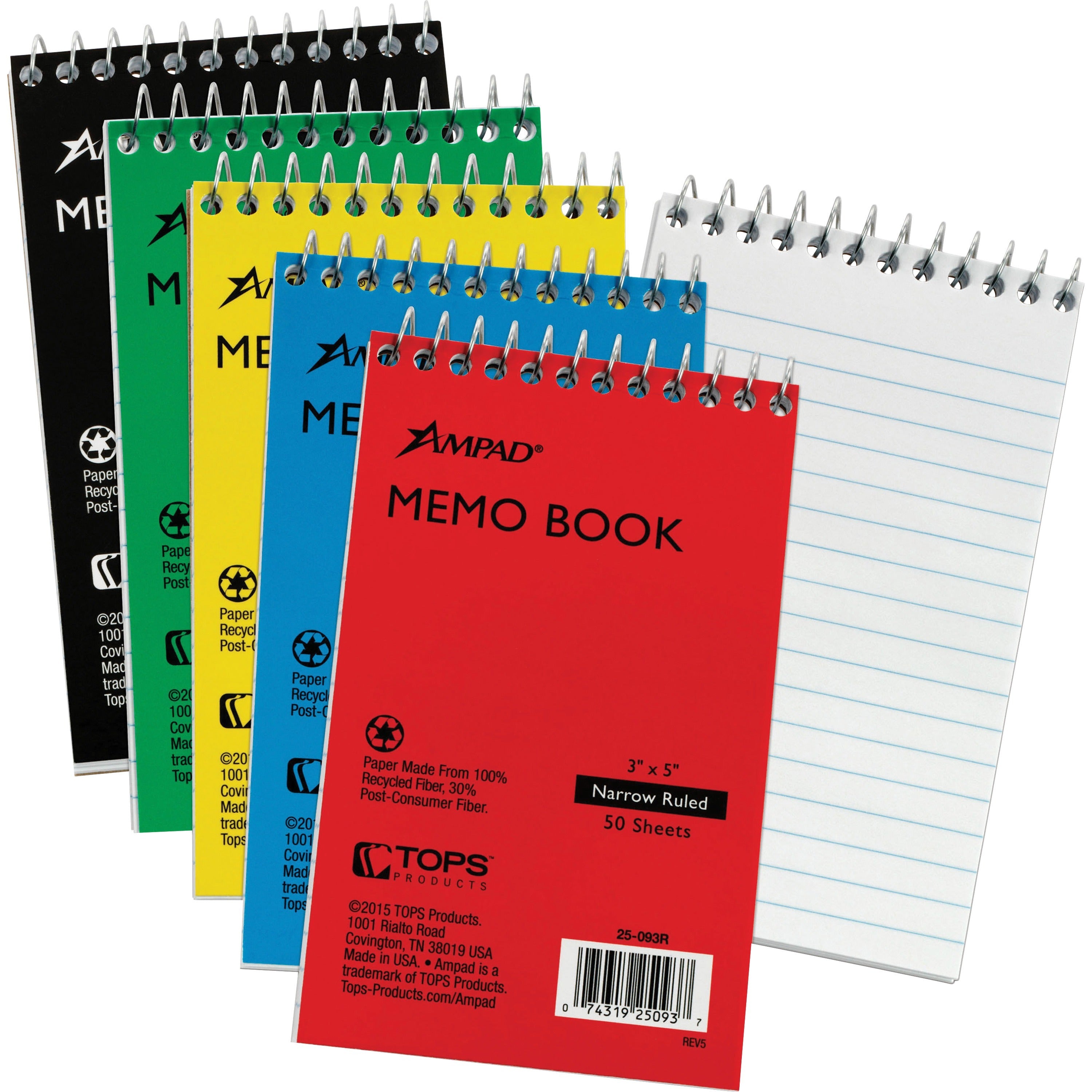ampad-topbound-memo-notebooks-50-sheets-wire-bound-3-x-5-white-paper-assortedpressboard-cover-rigid-mediumweight-recycled-5-bundle_top25093bd - 1