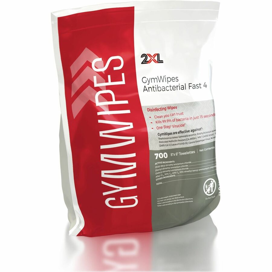 2XL GymWipes Antibacterial Towelettes Bucket Refill - For Multi Surface - 700 / Bag - 4 / Carton - Phenol-free, Hygienic, Anti-bacterial, Disinfectant, Disposable, Bleach-free, Alcohol-free, Disposable, Absorbent - White