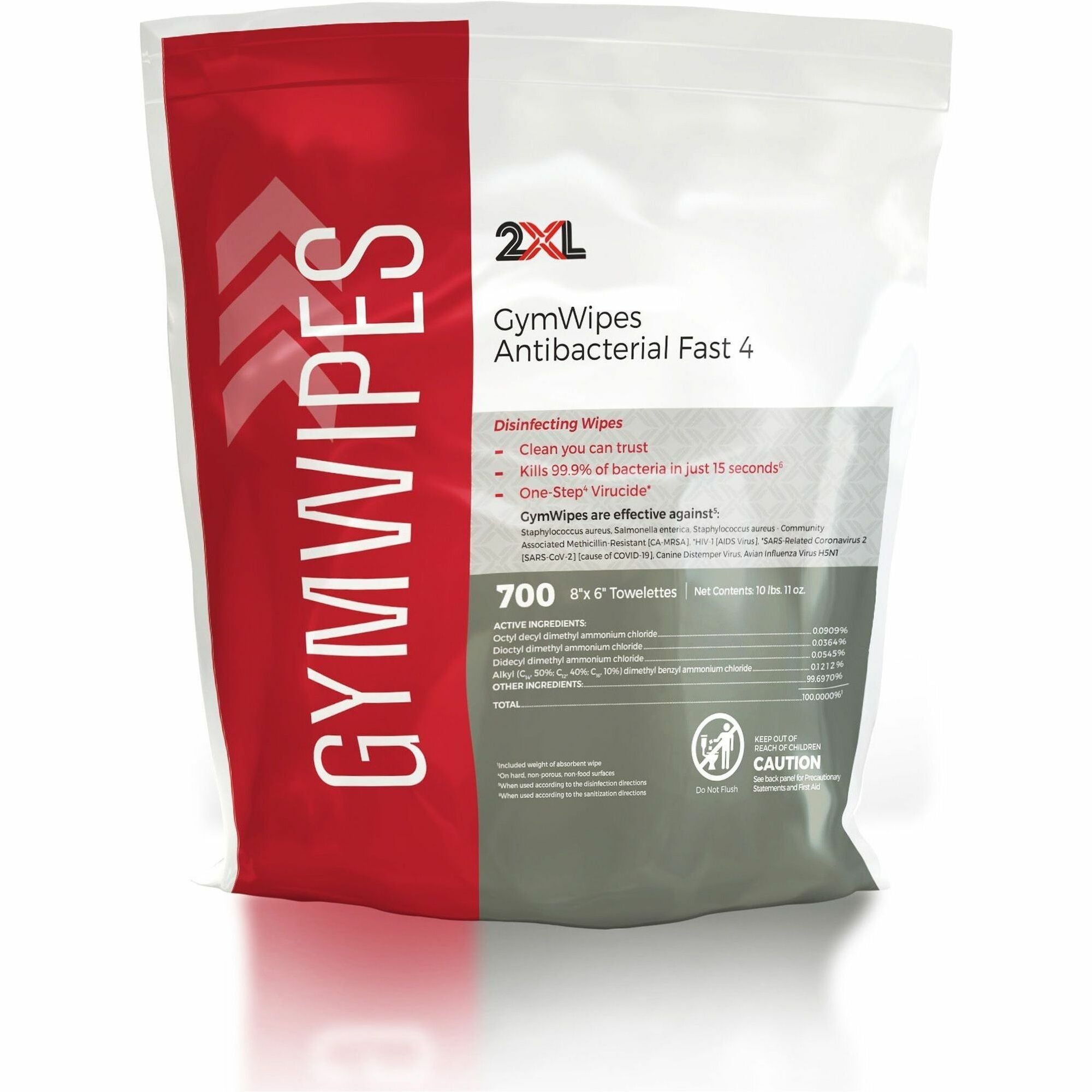 2XL GymWipes Antibacterial Towelettes Bucket Refill - For Multi Surface - 700 / Bag - 4 / Carton - Phenol-free, Hygienic, Anti-bacterial, Disinfectant, Disposable, Bleach-free, Alcohol-free, Disposable, Absorbent - White