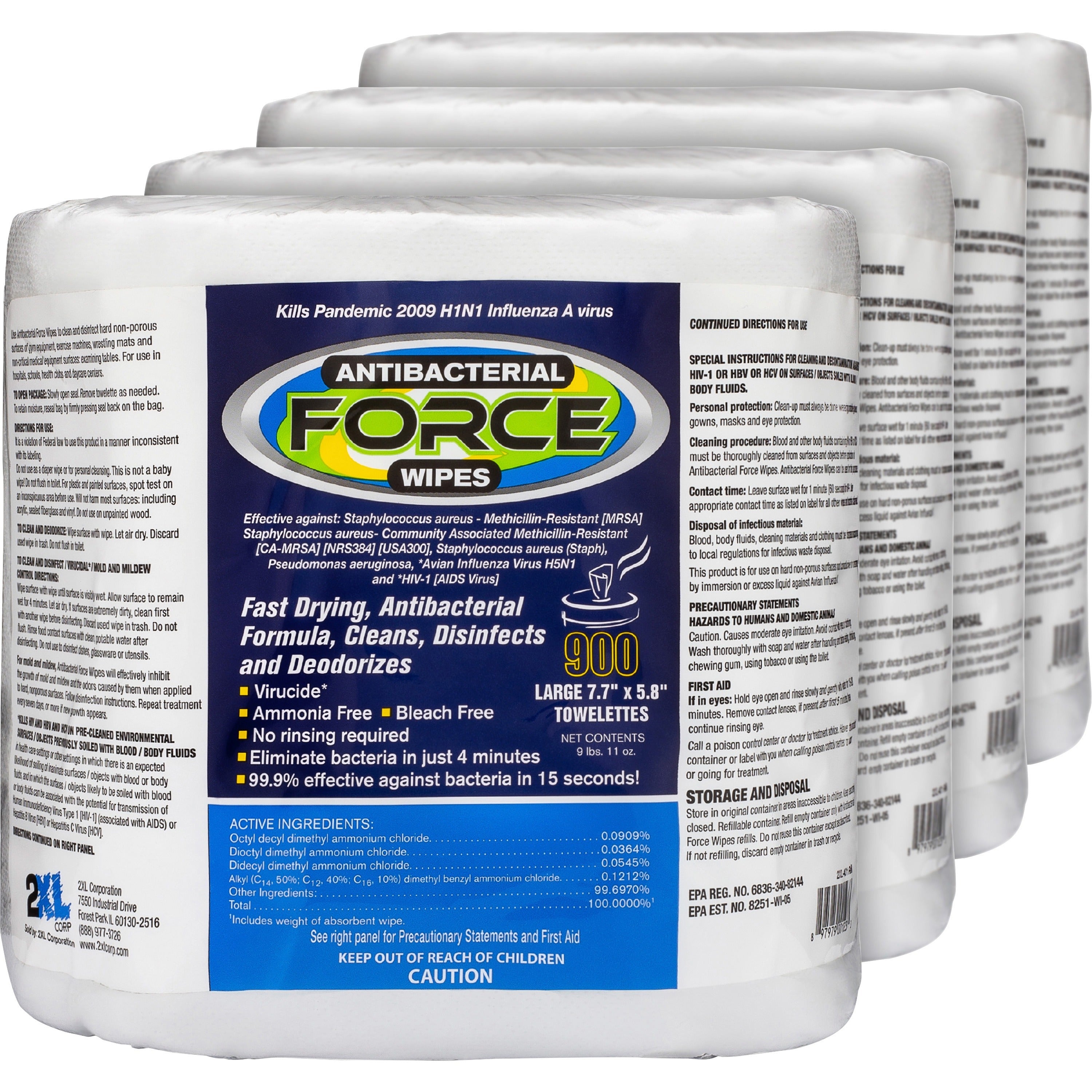 2xl-antibacterial-force-wipes-bucket-refill-900-bag-4-carton-non-irritating-soft-hygienic-durable-absorbent-anti-bacterial-disposable-disinfectant-non-irritating-absorbent-refillable-white_txll4014ct - 1