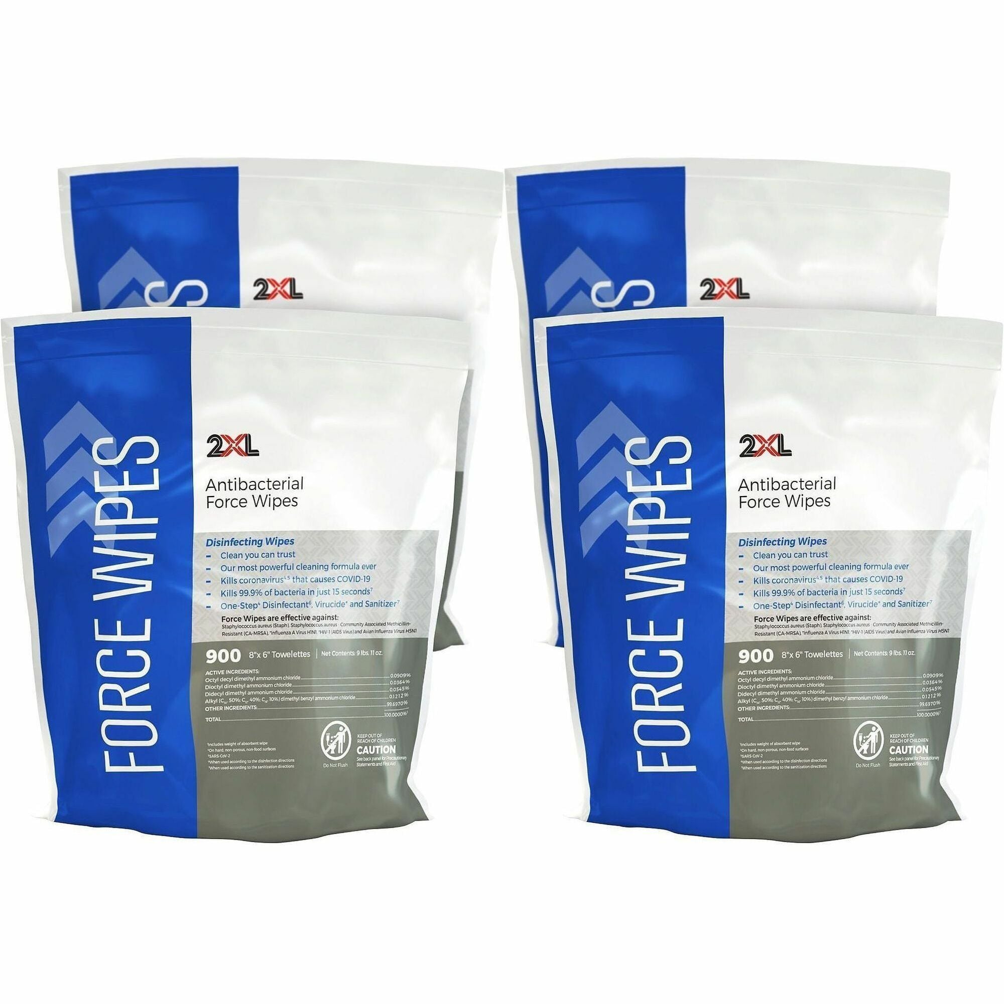2XL Antibacterial Force Wipes Bucket Refill - 900 / Bag - 4 / Carton - Non-irritating, Soft, Hygienic, Durable, Absorbent, Anti-bacterial, Disposable, Disinfectant, Non-irritating, Absorbent, Refillable - White