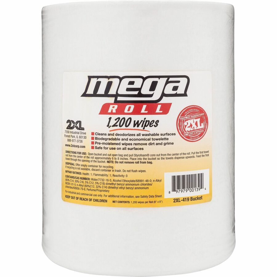 2XL Mega Roll Wipes Refill - 1200 / Roll - 2 / Carton - Phenol-free, Alcohol-free, Bleach-free, Perforated - White