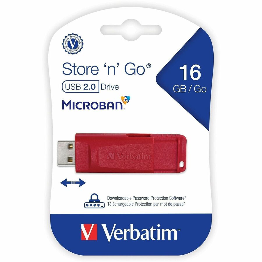 Verbatim Store 'n' Go USB Flash Drives - 16 GB - USB 2.0 - Red - Lifetime Warranty - 4 / Carton