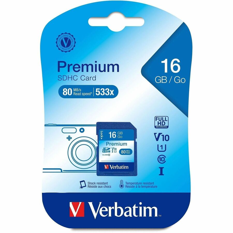 Verbatim Premium 16 GB Class 10/UHS-I (U1) SDHC - 4 Pack - 20 MB/s Read - 9 MB/s Write - 133x Memory Speed