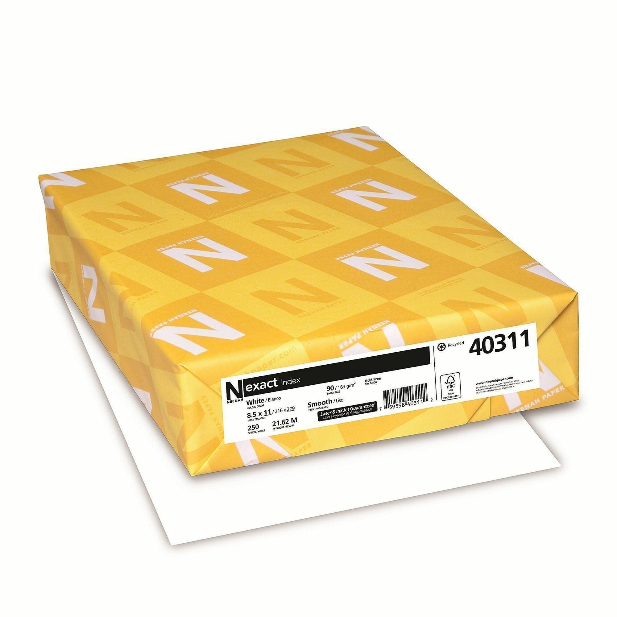 Neenah Index Paper - White - 94 Brightness - Letter - 8 1/2" x 11" - 90 lb Basis Weight - Smooth - 500 / Bundle - FSC - Durable, Acid-free - White