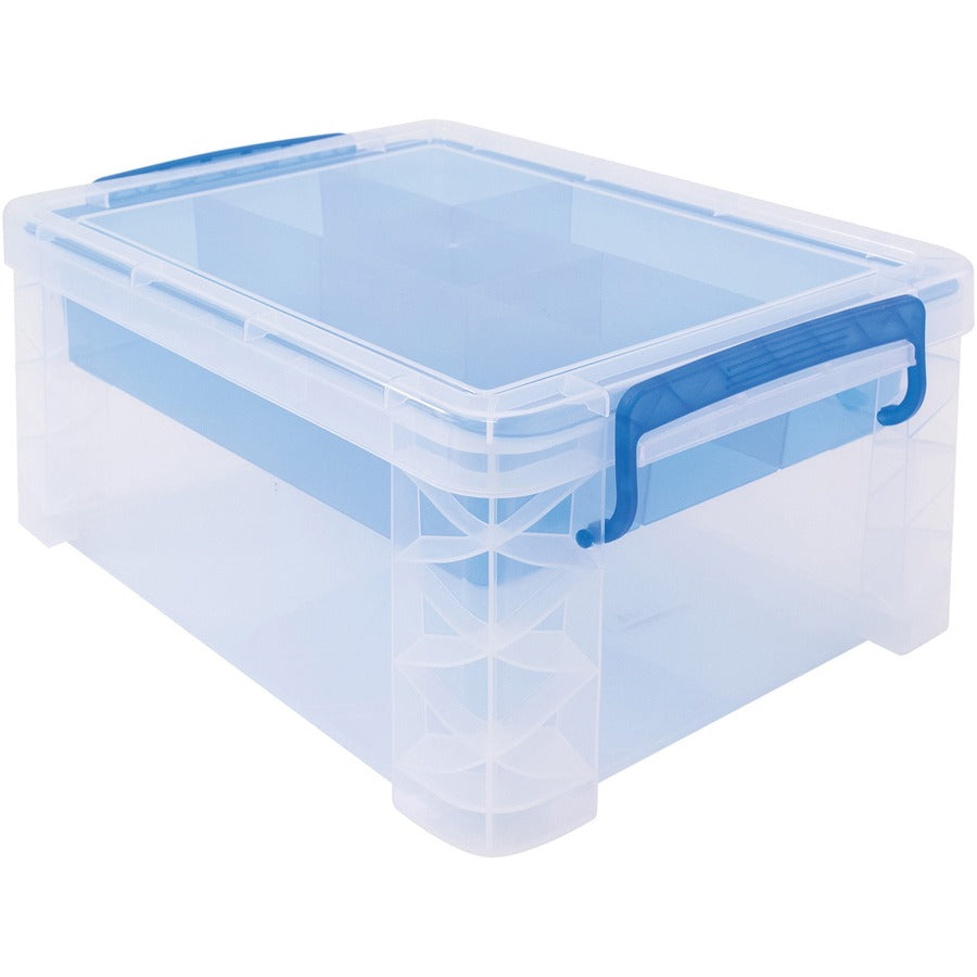 Super Stacker Divided Storage Box, 6 Sections, 10.38" x 14.25" x 6.5", Clear/Blue